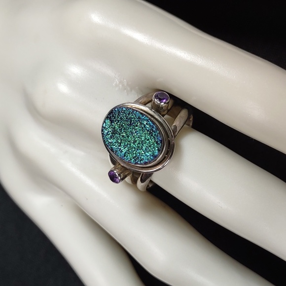 Peacock Druzy Quartz w/Amethyst Sterling Silver Ring - Picture 1 of 12